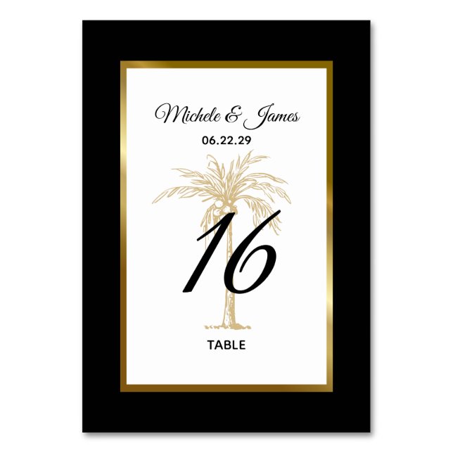 Elegant Black White Gold Palm Tree Modern Wedding Table Number (Front)