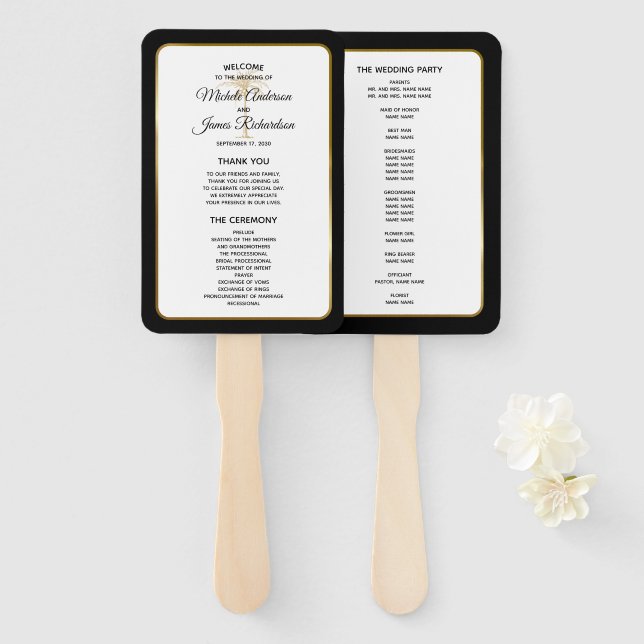 Elegant Black White Gold Palm Tree Wedding Program Hand Fan (Front and Back)