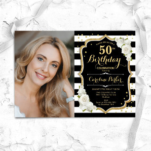 Elegant Black White Gold Photo 50th Birthday Invitation