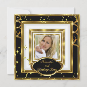 Elegant Black White Gold Photo Birthday Party Invitation