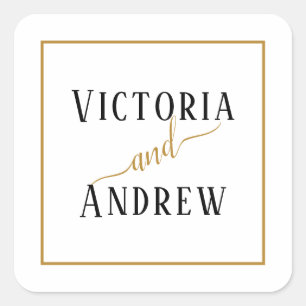 Elegant Black White Gold Script Minimal Wedding Square Sticker