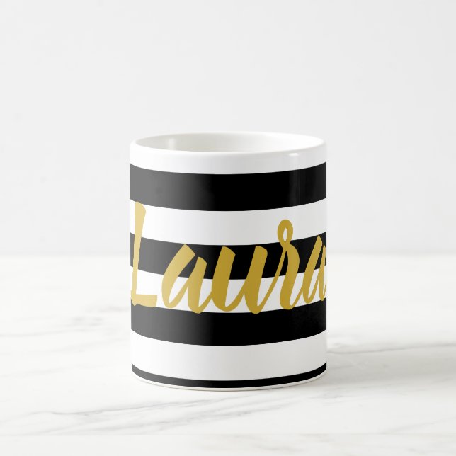 Elegant Black White Gold Script Name with Stripes Coffee Mug (Center)