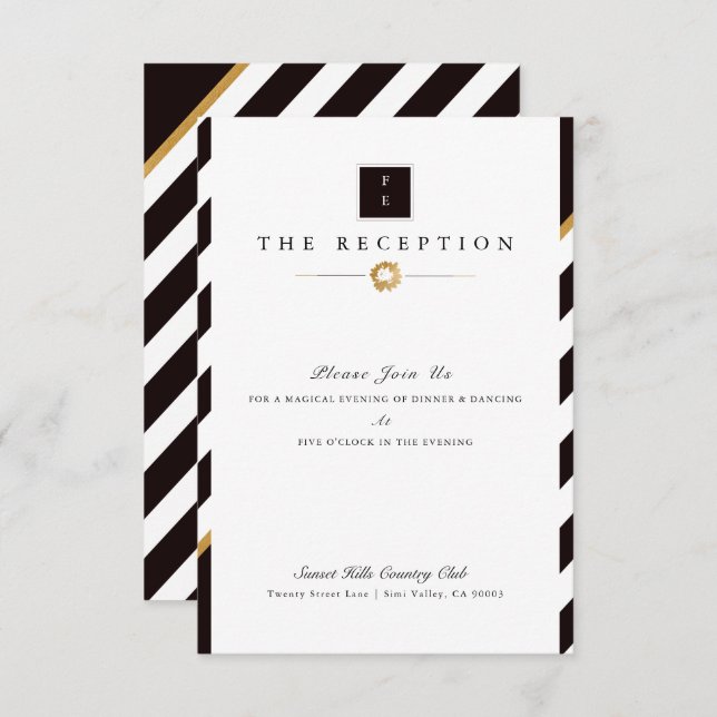Elegant Black White Gold Stripe Wedding Reception Invitation (Front/Back)
