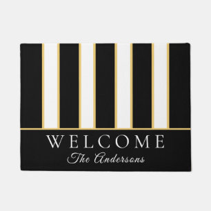 Elegant Black White Gold Stripe Welcome Doormat