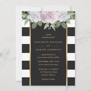 Elegant Black White Gold Striped Blush Pink Floral Invitation
