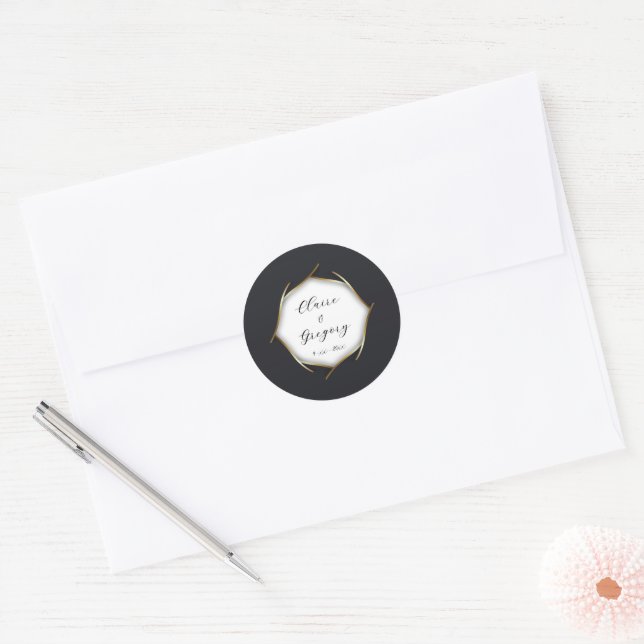 Elegant Black White Gold Wedding Classic Round Sticker (Envelope)