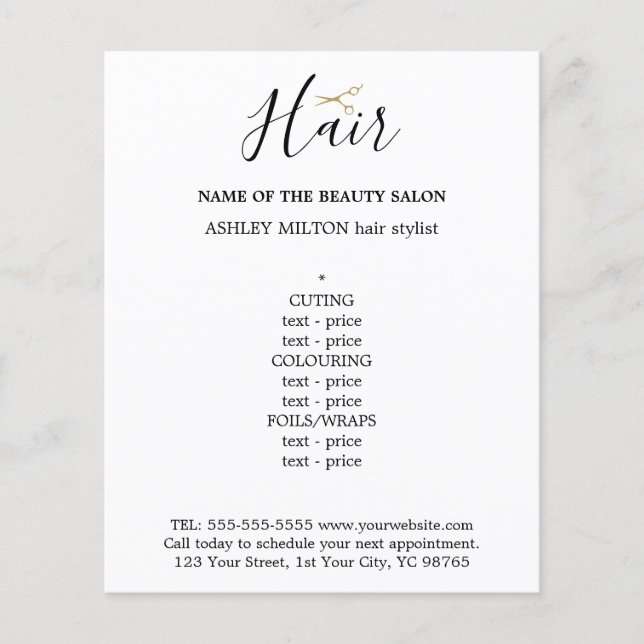 Elegant Black White Golden Scissors Hair Menu (Front)