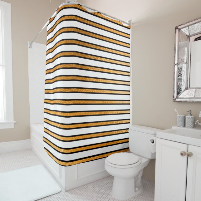 Elegant Black White Golden Stripes Lines Minimal Shower Curtain (In Situ)