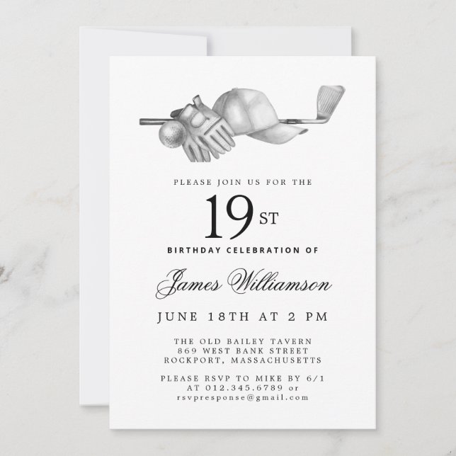 Elegant Black White Golf 19th Birthday Party  Invitation (Front)
