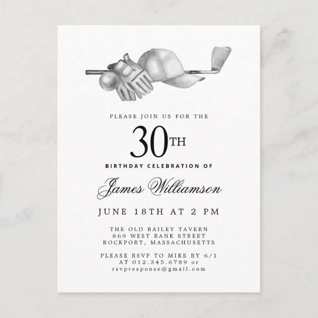 Elegant Black White Golf 30th Birthday Party  Invitation Postcard (Front)