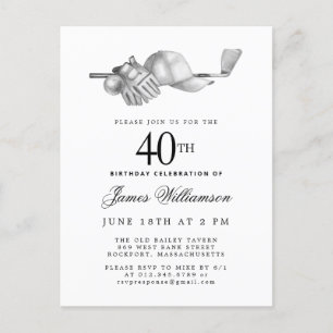 Elegant Black White Golf 40th Birthday Party  Invitation Postcard