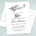 Elegant Black White Golf 80th Birthday Party  Invitation Postcard<br><div class="desc">Elegant black and white birthday invitation for a golfer. The top of the invitation is decorated with golf accessories - a golf club, golf ball, hat and gloves. The watercolor design creates a traditional and classic aesthetic. Perfect for a birthday bash at the club or a backyard BBQ. All of...</div>