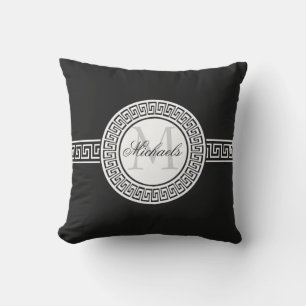 Elegant Black   White Greek Key Monogram Outdoor Cushion