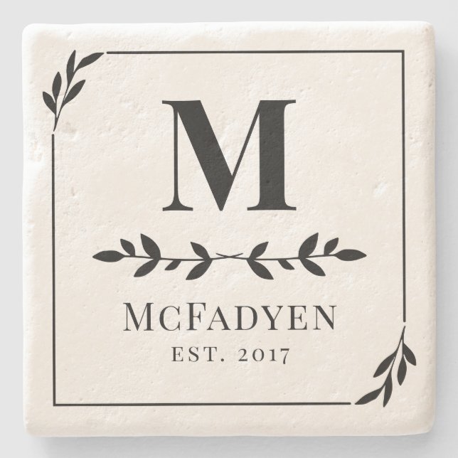 Elegant Black & White Greenery Monogram Stone Coaster (Front)
