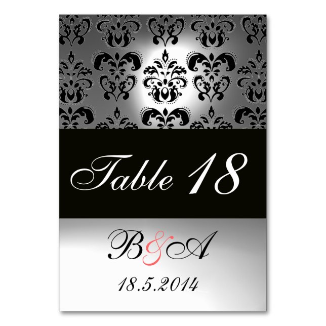 ELEGANT BLACK WHITE GREY DAMASK MONOGRAM TABLE NUMBER (Back)