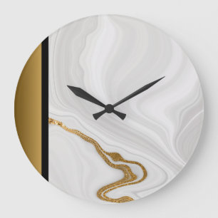 Elegant Black White Grey Gold Marble Pattern   Large Clock