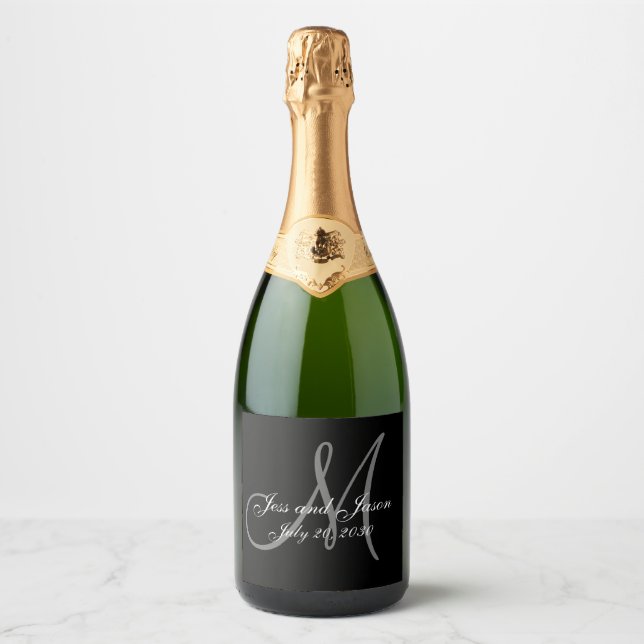 Elegant Black white Grey Monogram Names Wedding Sparkling Wine Label (Front)