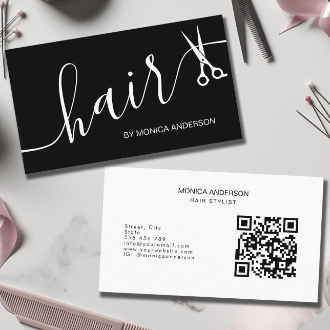 Elegant Black White Hair Script Scissors QR Code Business Card (Elegant Black White Hair Script Scissors QR Code Business Card)