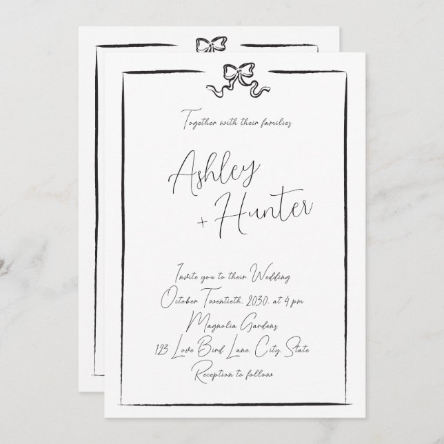 Elegant Black & White Hand Drawn Bow  Invitation (Front/Back)