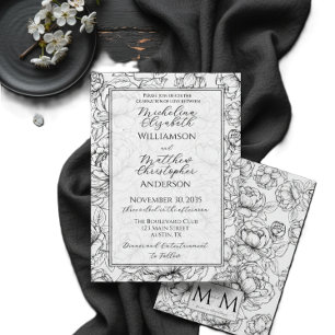 Elegant Black White Hand-Drawn Floral Wedding Invitation