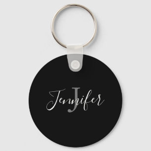 Elegant Black White Hand Lettered Script Monogram Key Ring