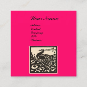 ELEGANT BLACK WHITE HOT PINK PEACOCK MONOGRAM SQUARE BUSINESS CARD