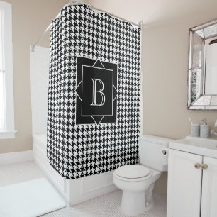 Elegant Black & White Houndstooth Monogram Shower Curtain