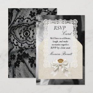 Elegant Black White Lace Ribbon Wedding RSVP Card 