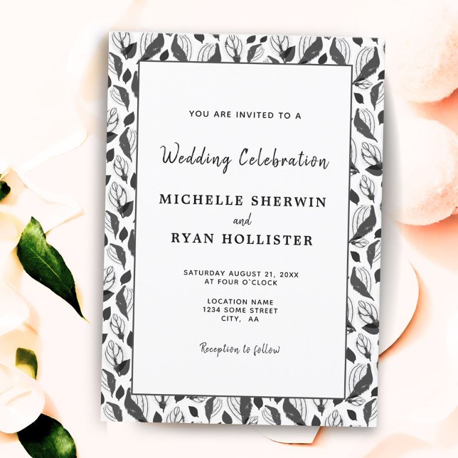 Elegant Black White Leaf Pattern Botanical Wedding Invitation (Creator Uploaded)