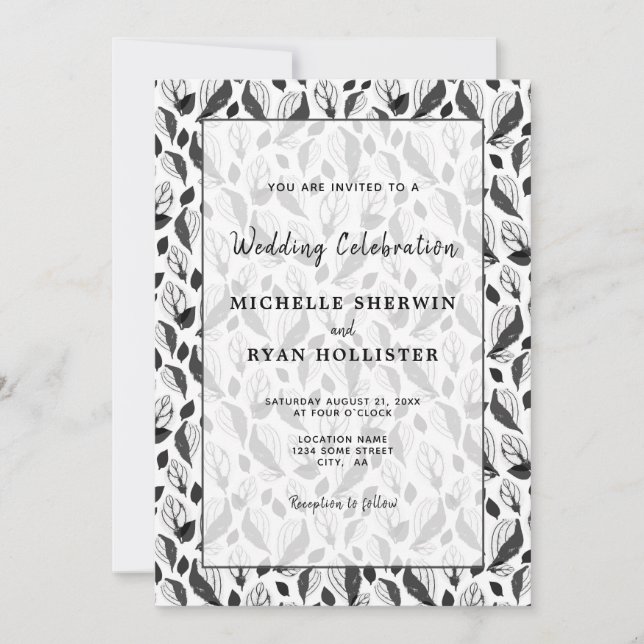 Elegant Black White Leaf Pattern Botanical Wedding Invitation (Front)