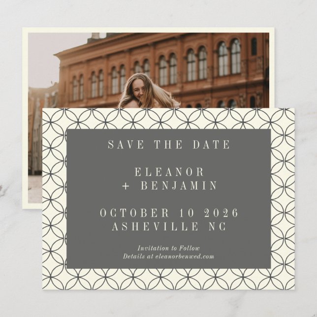 Elegant Black White Line Art Wedding Photo Save The Date (Front/Back)