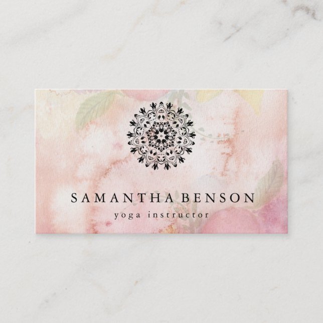 Elegant Black & white Lotus Flower Logo Yoga Business Card (Front)