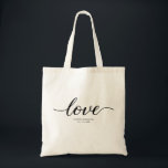 Elegant Black White Love Script Custom Wedding Tote Bag<br><div class="desc">Celebrate your special day with our "Timeless Love - Elegant Script Wedding Tote Bag." This beautifully designed tote bag features the word "Love" in a stunning and elegant script, perfect for embodying the romance and elegance of your wedding. Personalise this tote bag with your names and wedding date, making it...</div>