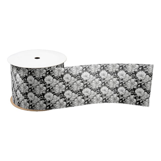 Elegant black white Magnolia flower tiled Satin Ribbon (Spool)