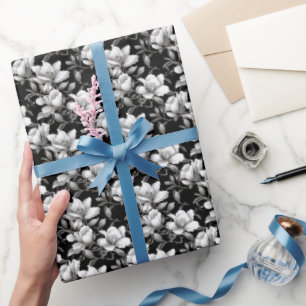 Elegant black white Magnolia flower tiled Wrapping Paper