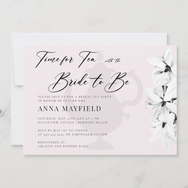 Elegant Black White Magnolia Time for Tea Bridal Invitation (Front)