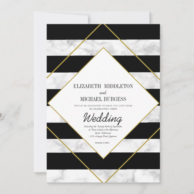 Elegant Black White Marble Gold Geometric Wedding Invitation (Front)