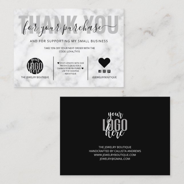 Elegant Black White Marble Logo Customer Thank You Business Card (Front/Back)