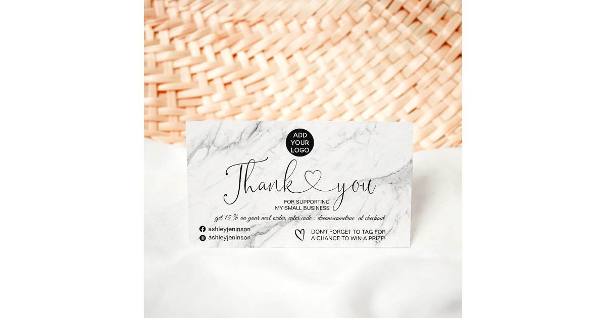 Elegant black white marble logo order thank you business card | Zazzle