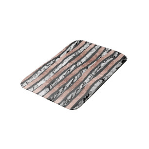 Elegant Black White Marble Rose Gold Brushstrokes Bath Mat