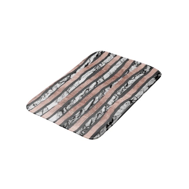 Elegant Black White Marble Rose Gold Brushstrokes Bath Mat (Angled)