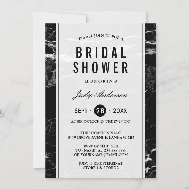 Elegant Black White Marble Wedding Bridal Shower Invitation (Front)