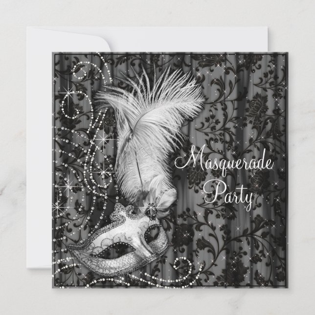Elegant Black White Masquerade Party Invitation (Front)