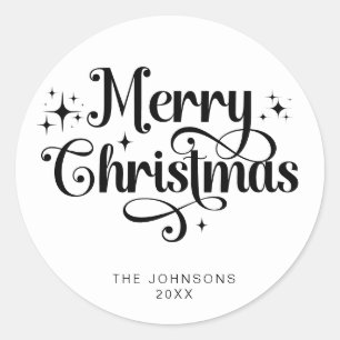 Elegant Black White Merry Christmas Script Custom Classic Round Sticker