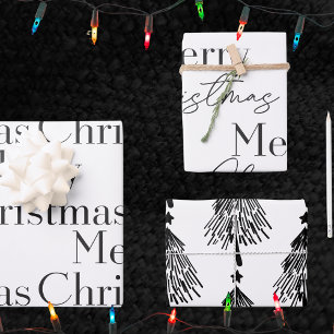 Elegant Black White Merry Christmas Tree Quote Wrapping Paper Sheet