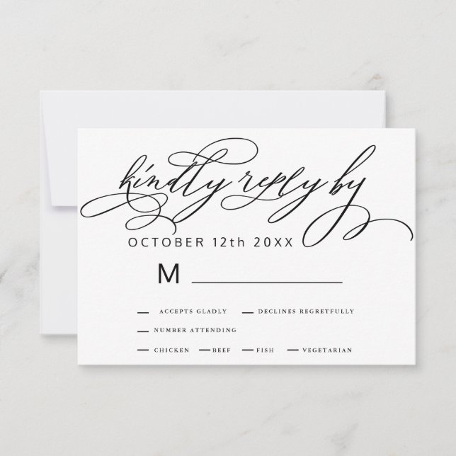 Elegant black white minimalist calligraphy wedding RSVP card (Front)