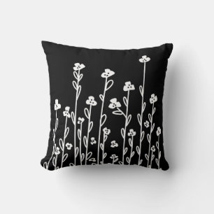 Elegant black white minimalist doodle floral cushion