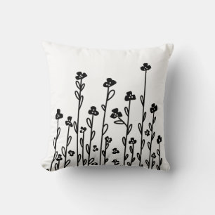 Elegant black white minimalist doodle floral cushion