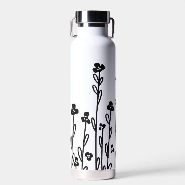 Elegant black white minimalist doodle floral water bottle (Front)