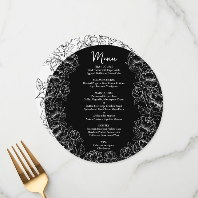 Elegant Black White Modern Boho Round Wedding Menu (Front/Back In Situ)